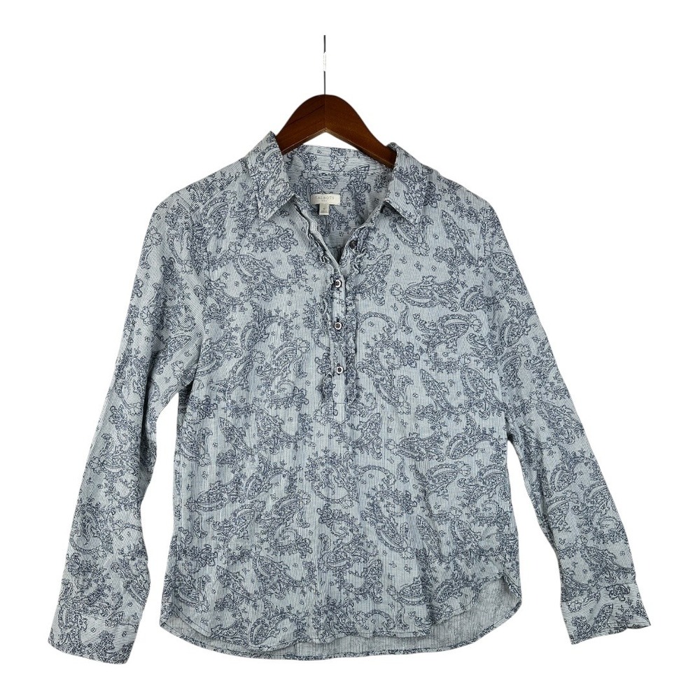 Talbots Paisley Ruffle Detail Long Sleeve Button Down Shirt size Small Blue